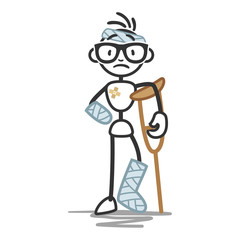 Stick man in bandages, crutches, injured