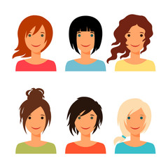 Set of beautiful young girls with various hair style.