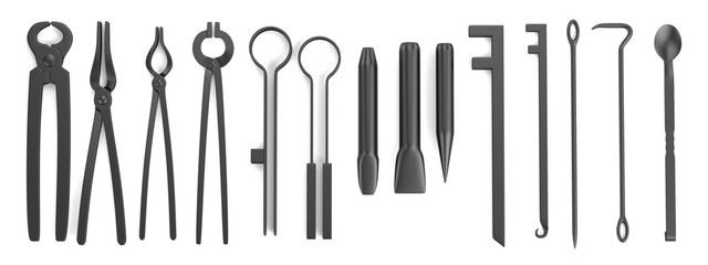 realistic 3d render of blacksmith tools