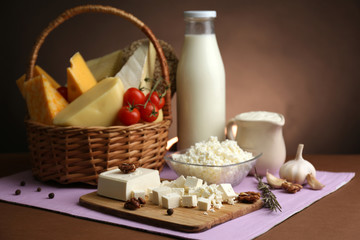 Basket with tasty dairy products