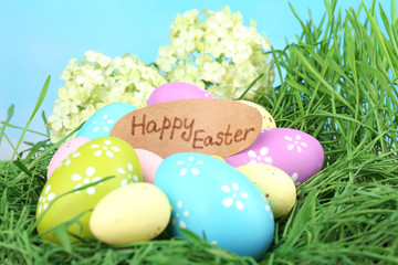 Easter composition with eggs on green grass, on blue background
