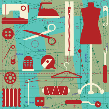 Vector seamless pattern with sewing related elements