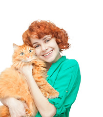curly red-haired girl with a red cat isolated on white