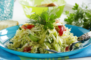 Young cabbage salad with cucumbers and tomatoes.