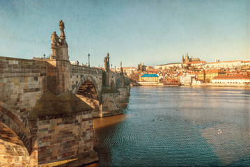 Obraz premium Prague, Charles Bridge, Czech Republic, textured old paper