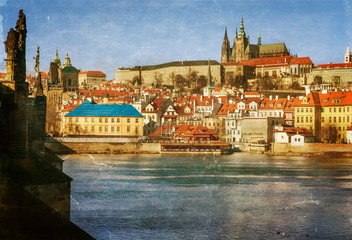 Prague, Charles Bridge, Czech Republic, textured old paper
