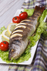 Baked sea bass with lemon, lettuce and tomatoes. vertical