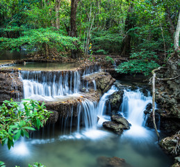 Huay Mae Kamin Waterfall in Tropical green forest, Kanchanaburi,