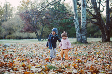 brother and sister in the autumn park