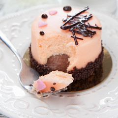 Sweet cake on a white wooden table