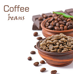 Green and brown coffee beans in bowls