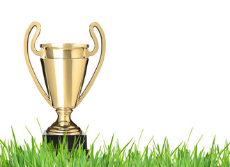 Champion trophy on grass. Isolated on white