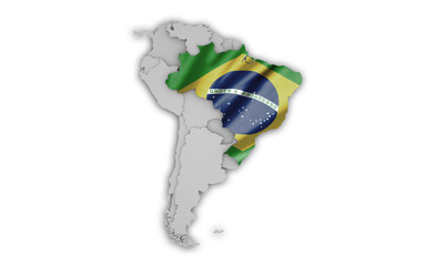 3D Süd Amerika mit Brasilien / Flagge mit Schatten