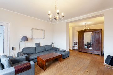 Grey sofa in spacious living room