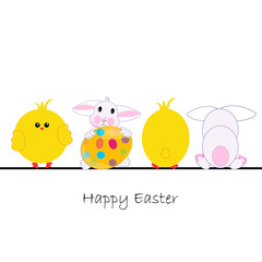 Happy easter card, chick, rabbit and egg