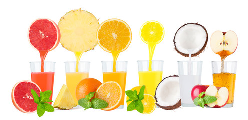 Collage of fresh fruit juices on white background