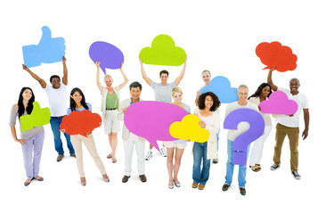 Fototapeta premium Multiethnic People Holding Speech Bubbles and Icons