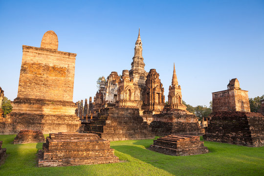 Sukhothai historical park. Buddhist temple ruins in Thailand