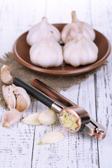 Garlic press on color wooden background