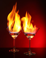 Glasses with burning alcohol on red background