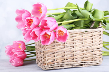 Beautiful pink tulips in basket on wooden table