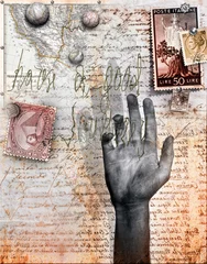 Fototapete Phantasie Background with letter,hand and stamps