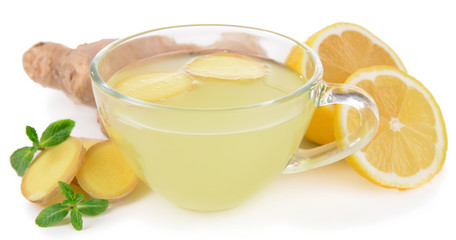 Healthy ginger tea with lemon and honey isolated on white