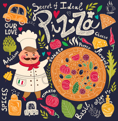 Naklejka premium Pizza design menu with chef
