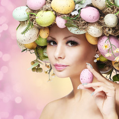 Easter Woman. Spring Girl with Fashion Hairstyle