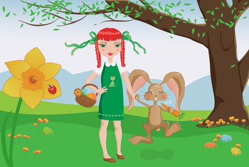 Redhead girl and playful bunny on Easter egg hunt