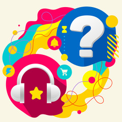 Headphones and question mark on abstract colorful splashes backg