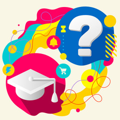 Academic hat and question mark on abstract colorful splashes bac