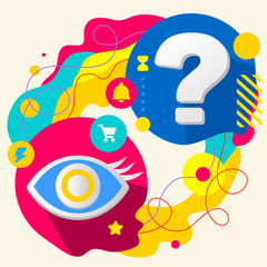 Eye and question mark on abstract colorful splashes background w