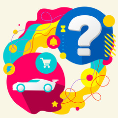 Sports car and question mark on abstract colorful splashes backg