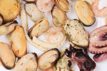 Close up of seafood products.