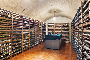 Wine cellar with wine bottle and glasses
