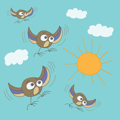 Fototapeta na wymiar Birds flying around the spring sun. Vector art