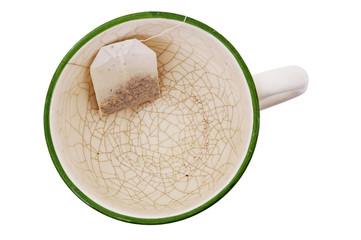 Large empty mug with teabag from top, clipping path