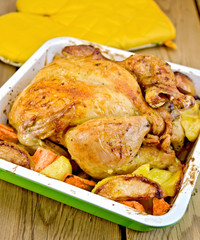 Chicken baked with vegetables on board and potholders