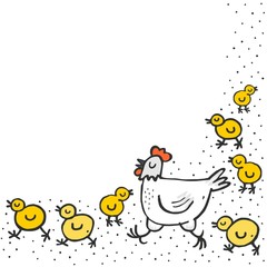 biała kura i żółte kurczaki wielkanocna ilustracja - obrazy, fototapety, plakaty