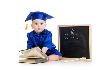 Baby in academician clothes  with book and chalkboard
