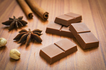 Chocolate bar, cinnamon and star anise