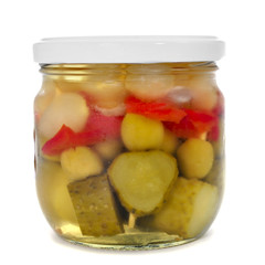 a jar with spanish banderillas, skewers with pickles