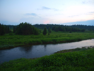 sunset on the river in the Ural
