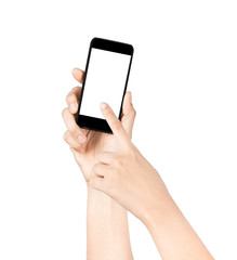 Hands are holding and point on A Big Screen Smart Phone on white