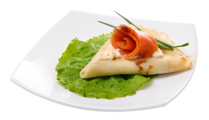 Pancake with salmon, and mayo, green onion,