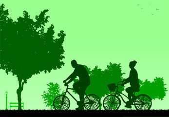 Naklejka na ściany i meble Couple bike ride in park in spring silhouette