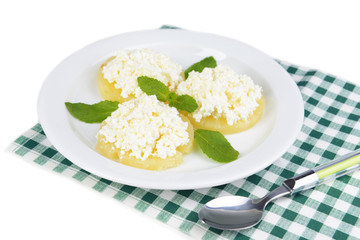 Tasty pineapple with cottage cheese, isolated on white
