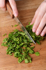 Chopped mint on wooden board close-up
