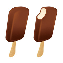 Ice cream chocolate bars - whole and bitten. Brown popsicles.